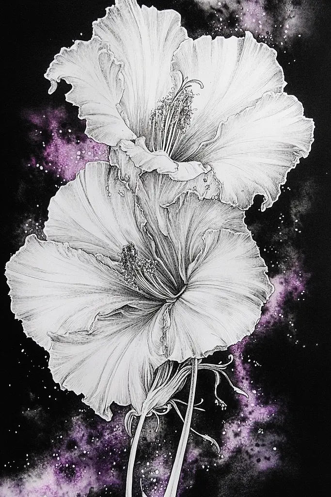 Midjourney generated image using SREF code VLORI: A black and white drawing of two white flowers on a black background.