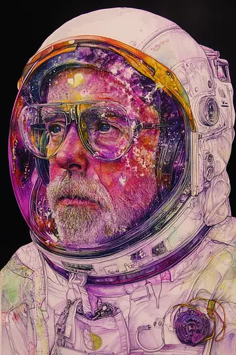 Midjourney generated image using SREF code VLORI: A painting of a man in a space suit and glasses.