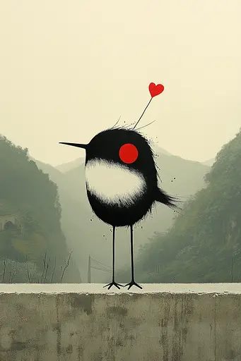 Midjourney generated image using SREF code Playful Curiosities: A black and white bird with a red heart on its head.