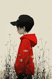 Midjourney generated image using SREF code Playful Curiosities: A boy in a red hoodie standing in a field of flowers.