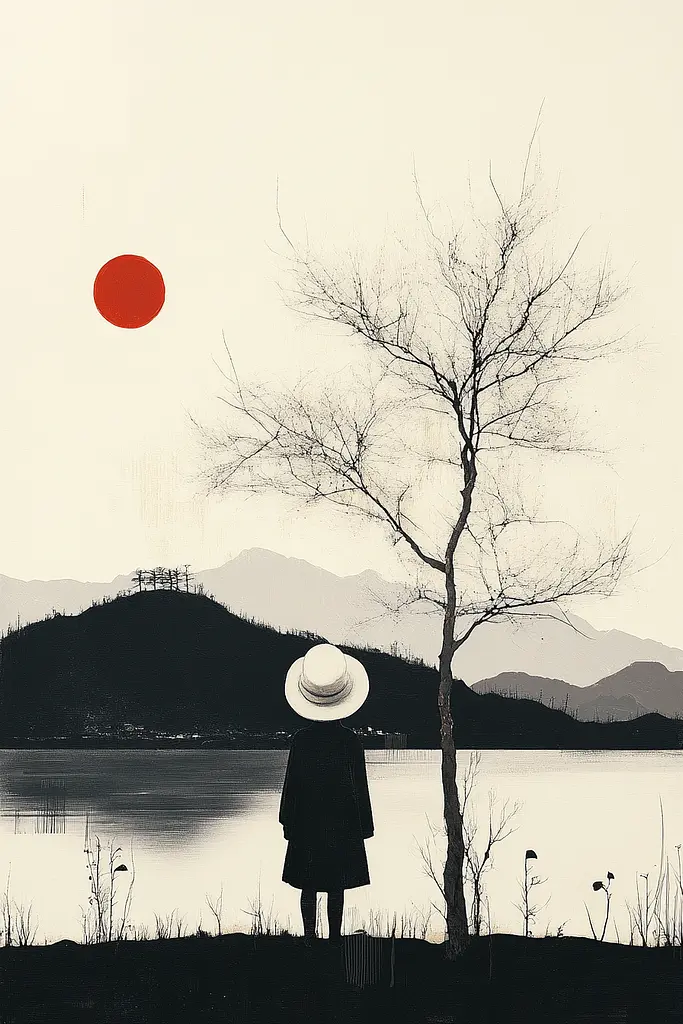 Midjourney generated image using SREF code Playful Curiosities: A person standing in front of a lake with a tree and a red sun.