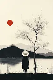 Midjourney generated image using SREF code Playful Curiosities: A person standing in front of a lake with a tree and a red sun.