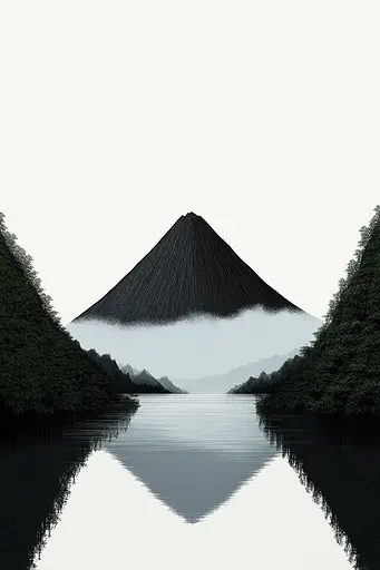 Midjourney generated image using SREF code Playful Curiosities: A black and white photo of a mountain reflected in the water.