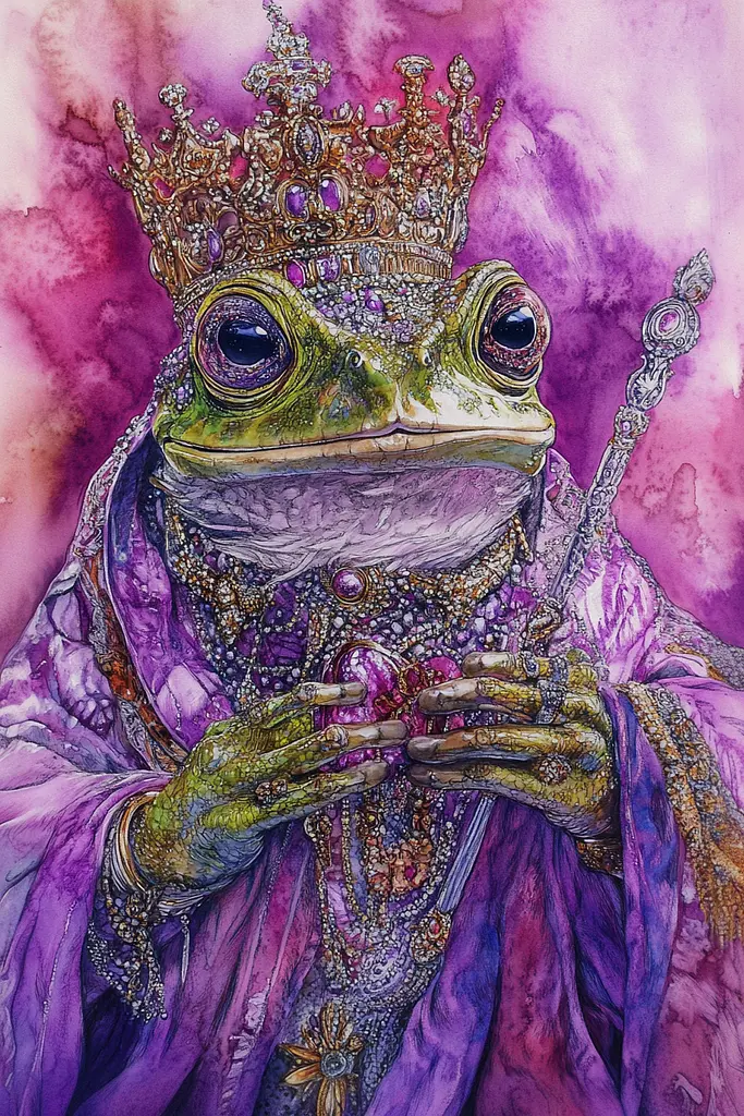 Midjourney generated image using SREF code VLORI: A painting of a frog wearing a crown and holding a wand.