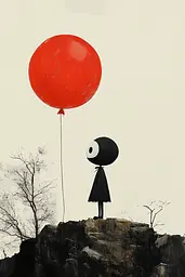 Midjourney generated image using SREF code Playful Curiosities: A person standing on top of a hill holding a red balloon.