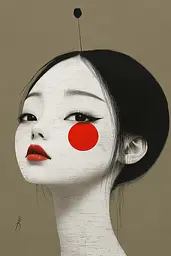 Midjourney generated image using SREF code Playful Curiosities: A painting of a woman with a red dot on her face.