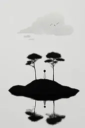 Midjourney generated image using SREF code Playful Curiosities: A person standing on top of a small island surrounded by trees.