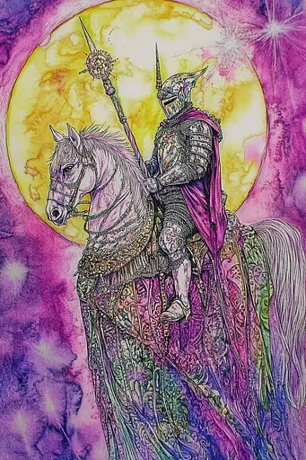 Midjourney generated image using SREF code VLORI: A drawing of a knight riding a horse in front of a full moon.