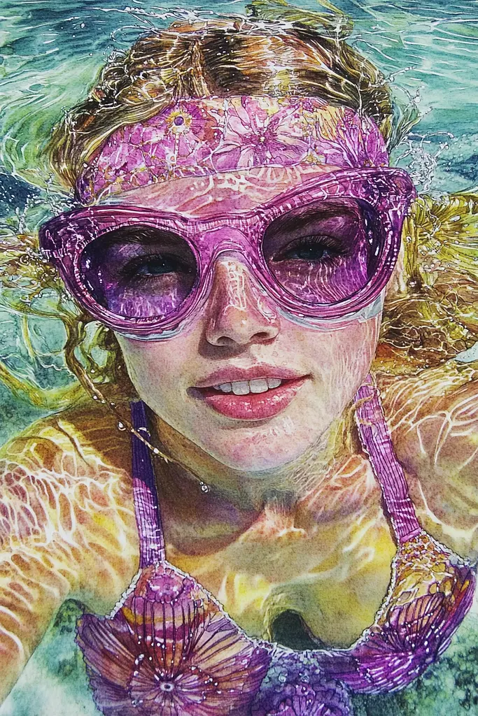 Midjourney generated image using SREF code VLORI: A painting of a woman in a bikini and goggles.