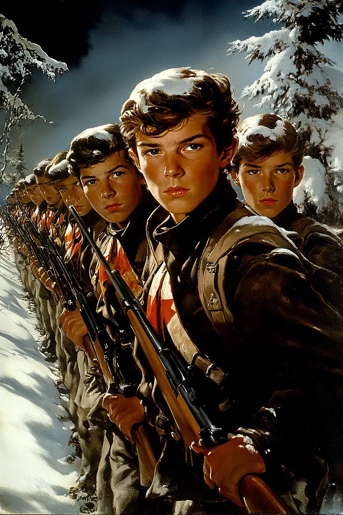 Midjourney generated image using SREF code Velvet Horizon: A group of young men standing next to each other holding rifles.