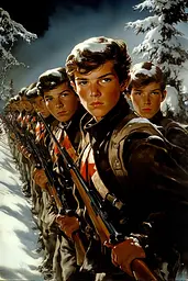 Midjourney generated image using SREF code Velvet Horizon: A group of young men standing next to each other holding rifles.