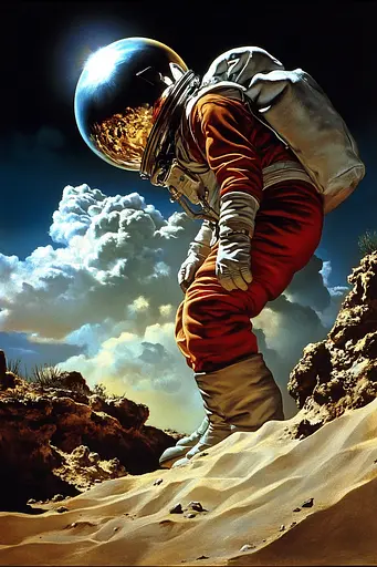 Midjourney generated image using SREF code Velvet Horizon: A painting of an astronaut walking on the moon.