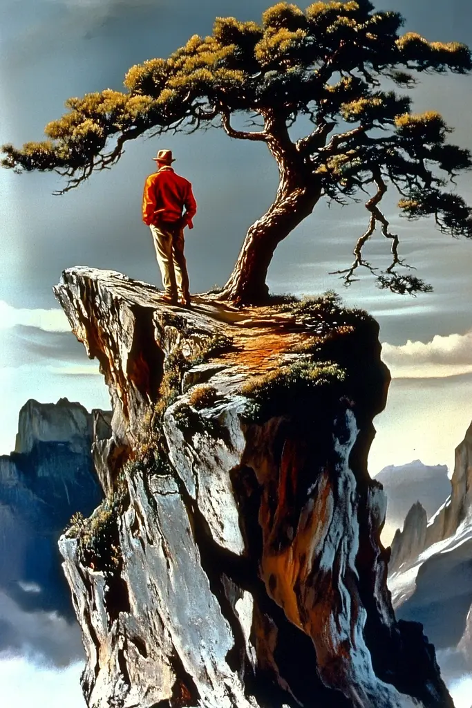 Midjourney generated image using SREF code Velvet Horizon: A man standing on top of a cliff next to a tree.