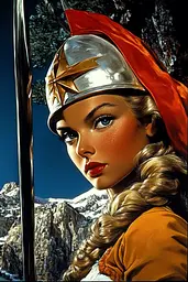 Midjourney generated image using SREF code Velvet Horizon: A painting of a woman wearing a helmet and holding a sword.