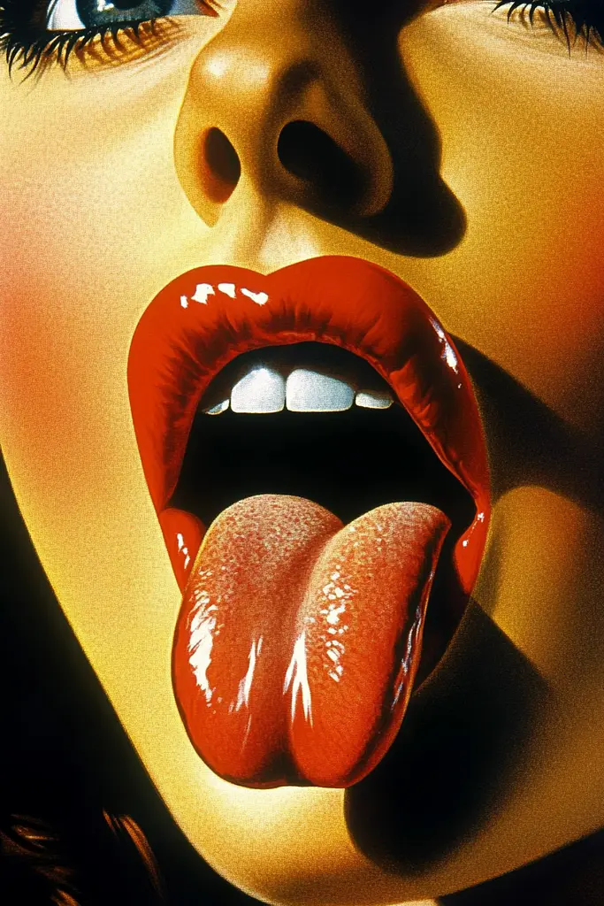 Midjourney generated image using SREF code Velvet Horizon: A close up of a woman's mouth with her tongue out.