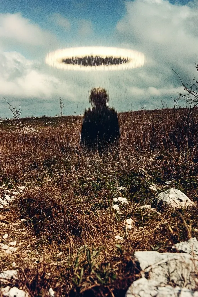 Midjourney generated image using SREF code Transient Reality: A person standing in a field with a halo above their head.