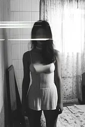 Midjourney generated image using SREF code Transient Reality: A woman standing in front of a mirror in a room.