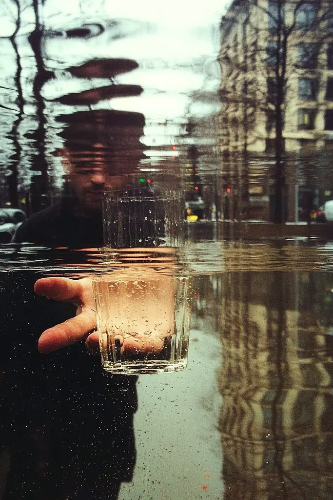 Midjourney generated image using SREF code Transient Reality: A person holding a glass of water in the rain.