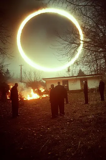 Midjourney generated image using SREF code Transient Reality: A group of people standing in front of a fire.