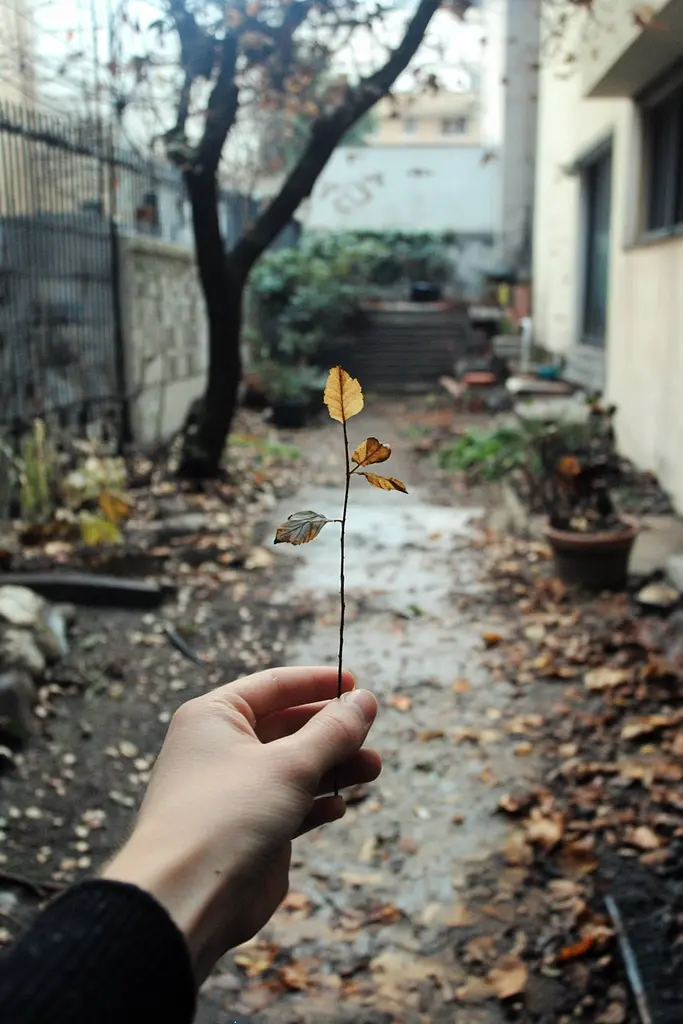 Midjourney generated image using SREF code Transient Reality: A person holding a small leaf in their hand.