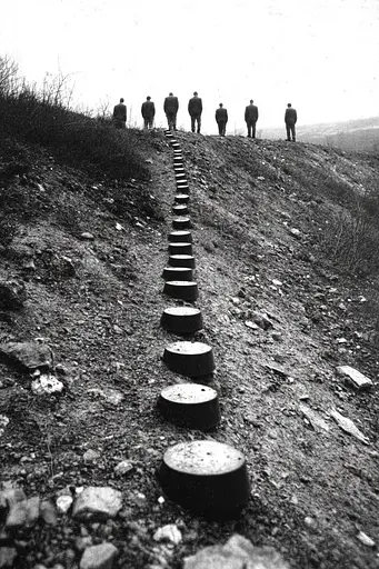 Midjourney generated image using SREF code Transient Reality: A group of people walking up a hill with stepping stones.