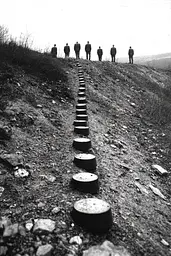 Midjourney generated image using SREF code Transient Reality: A group of people walking up a hill with stepping stones.