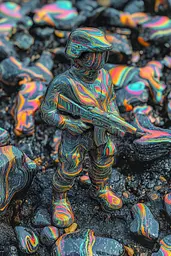 Midjourney generated image using SREF code Kaleidoscopic Harmony: A toy soldier standing on top of a pile of rocks.