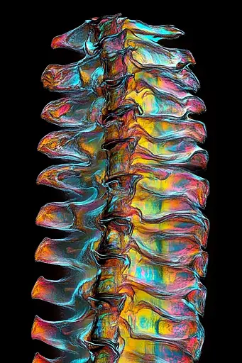 Midjourney generated image using SREF code Kaleidoscopic Harmony: A close up of a human spine on a black background.