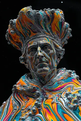 Midjourney generated image using SREF code Kaleidoscopic Harmony: A close up of a statue of a man covered in paint.