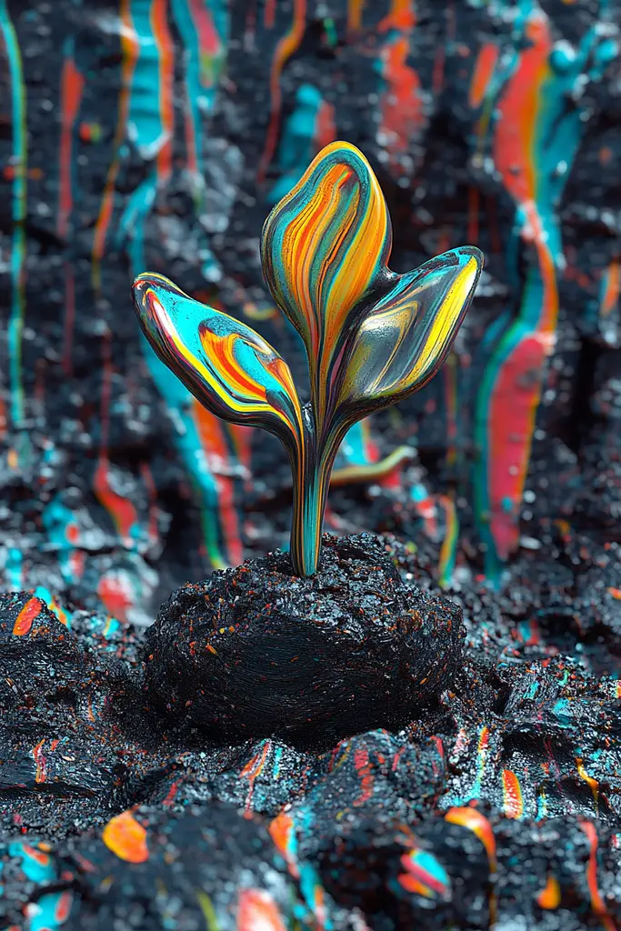 Midjourney generated image using SREF code Kaleidoscopic Harmony: A small plant growing out of a pile of lava.