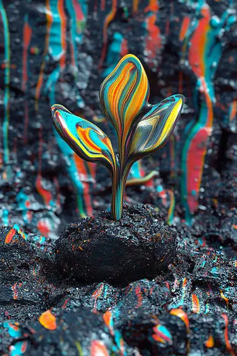 Midjourney generated image using SREF code Kaleidoscopic Harmony: A small plant growing out of a pile of lava.