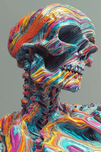 Midjourney generated image using SREF code Kaleidoscopic Harmony: A colorful sculpture of a human skeleton with a skull on its head.