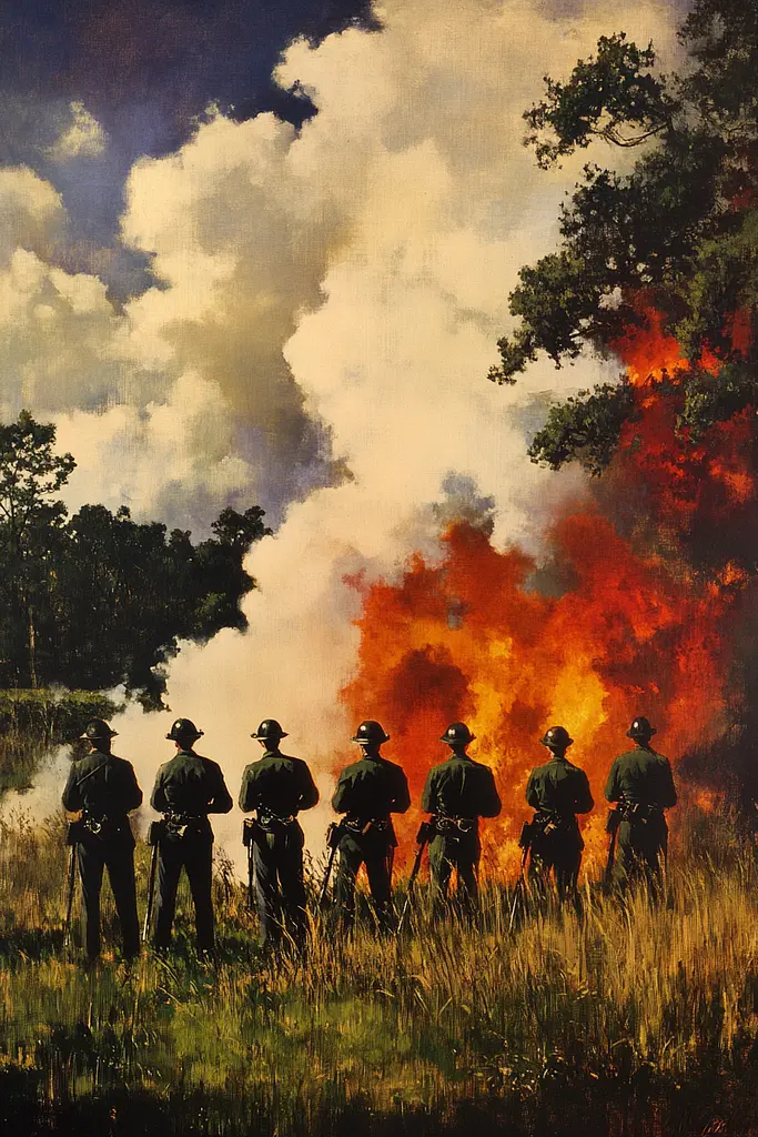 Midjourney generated image using SREF code Serene Monarch: A painting of a group of soldiers standing in front of a fire.