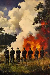 Midjourney generated image using SREF code Serene Monarch: A painting of a group of soldiers standing in front of a fire.