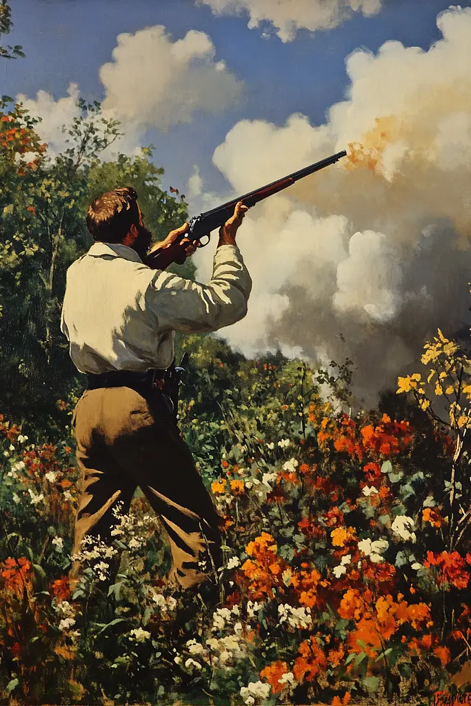 Midjourney generated image using SREF code Serene Monarch: A painting of a man holding a shotgun in a field of flowers.