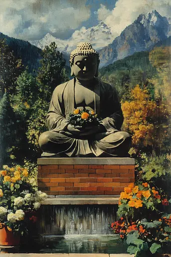 Midjourney generated image using SREF code Serene Monarch: A painting of a buddha statue sitting on top of a brick wall.