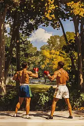 Midjourney generated image using SREF code Serene Monarch: A painting of two boxers in a park with trees in the background.