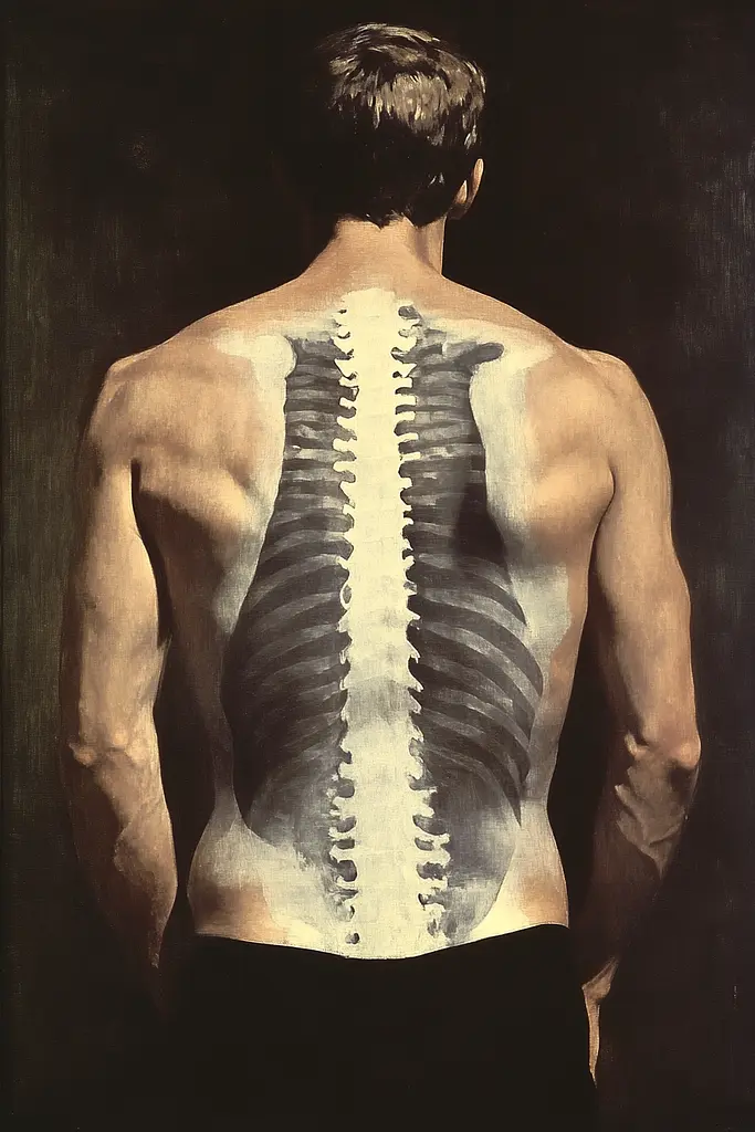 Midjourney generated image using SREF code Serene Monarch: A painting of a man with a skeleton on his back.