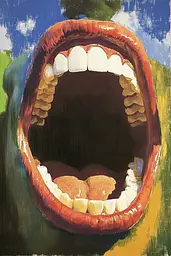 Midjourney generated image using SREF code Serene Monarch: A painting of a man's mouth with his mouth open.