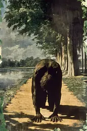 Midjourney generated image using SREF code Serene Monarch: A painting of an elephant walking down a dirt road.