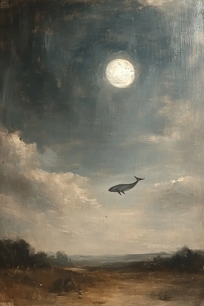 Midjourney generated image using SREF code Serpent's Gaze: A painting of a whale flying in the sky with a full moon.