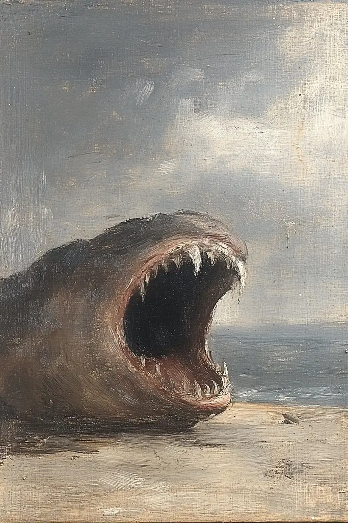 Midjourney generated image using SREF code Serpent's Gaze: A painting of a shark with its mouth open on the beach.