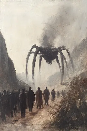 Midjourney generated image using SREF code Serpent's Gaze: A painting of a giant spider in the middle of a group of people.