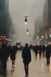 Midjourney generated image using SREF code Serpent's Gaze: A painting of people walking down a city street in the rain.