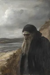 Midjourney generated image using SREF code Serpent's Gaze: A painting of an old man with a long white beard.