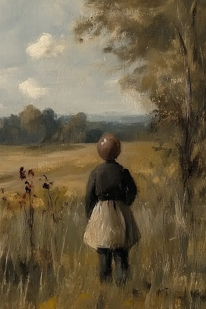 Midjourney generated image using SREF code Serpent's Gaze: A painting of a person standing in a field.