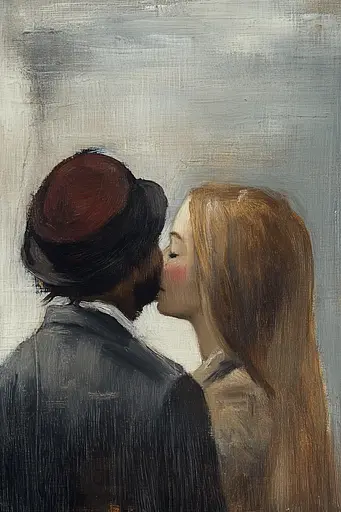 Midjourney generated image using SREF code Serpent's Gaze: A painting of a man and a woman kissing.