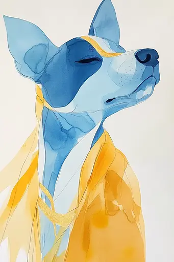 Midjourney generated image using SREF code Fluid Whimsy: A watercolor painting of a dog wearing a yellow scarf.