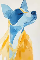 Midjourney generated image using SREF code Fluid Whimsy: A watercolor painting of a dog wearing a yellow scarf.