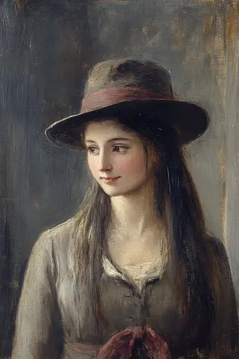 Midjourney generated image using SREF code Serpent's Gaze: A painting of a young woman wearing a hat.